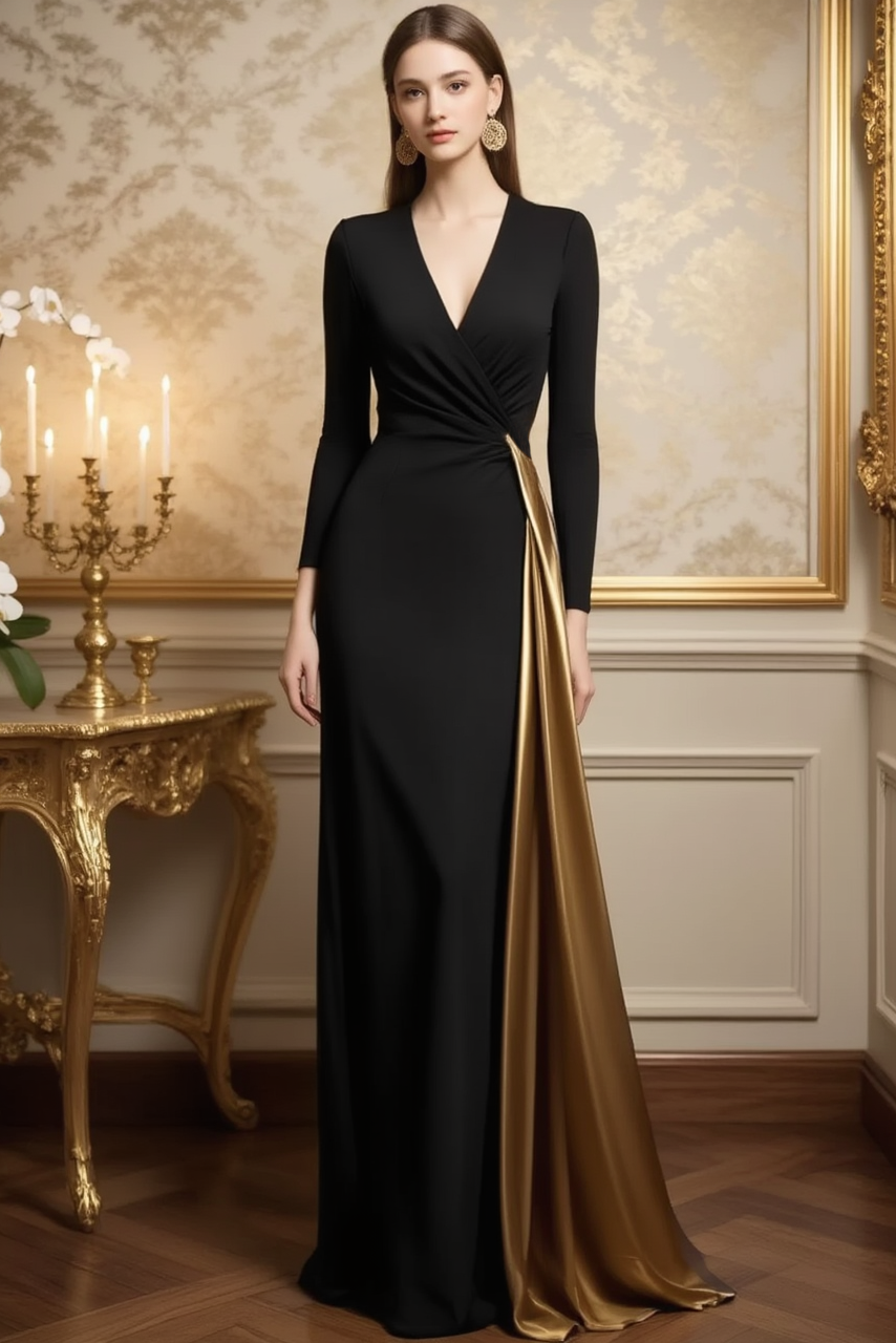Evening Dress Black V Neck Colorblock Floor-Length Dress