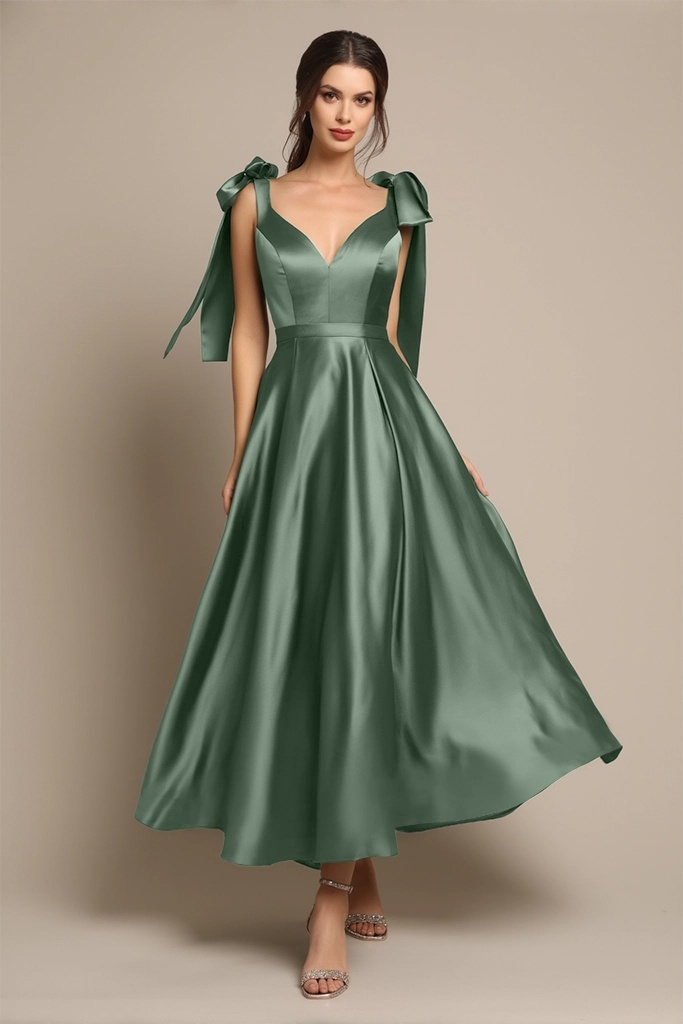 Evening Formal Satin Dress Green V Neck A-Line Maxi Dress