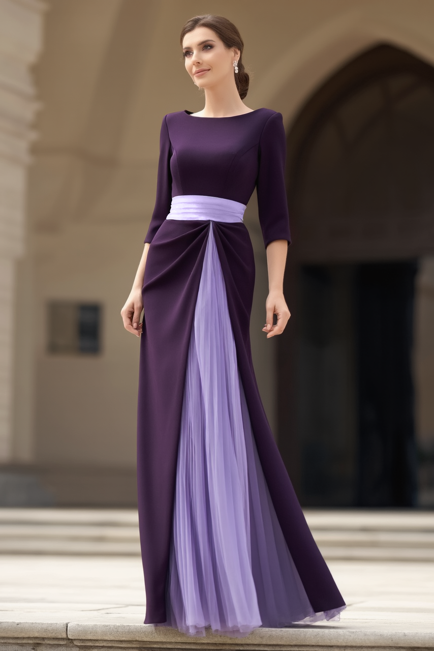 Formal Dress Purple Crew Neck Colorblock Floor-Length Dress