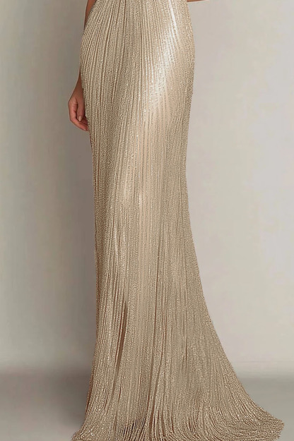 Evening Formal Dress Gold Sequin Off-Shoulder Floor-Length Gown