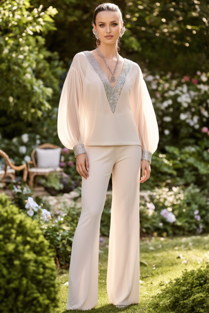 Mom Outfit Sets Beige V Neck Sequin Chiffon Pants Set 