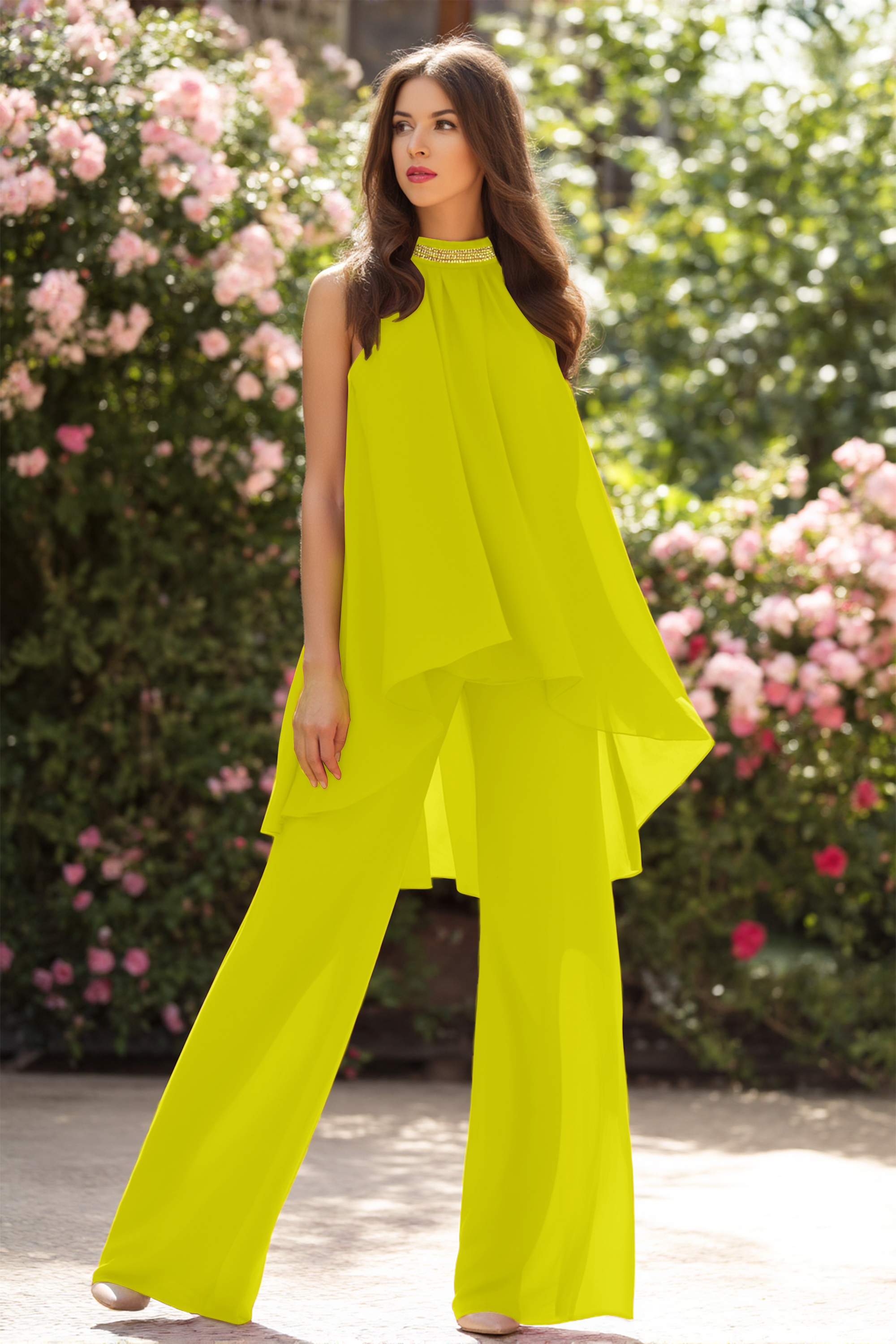 Casual Blouse Set Fuchsia Halter Neck Two-Piece Wide-Leg