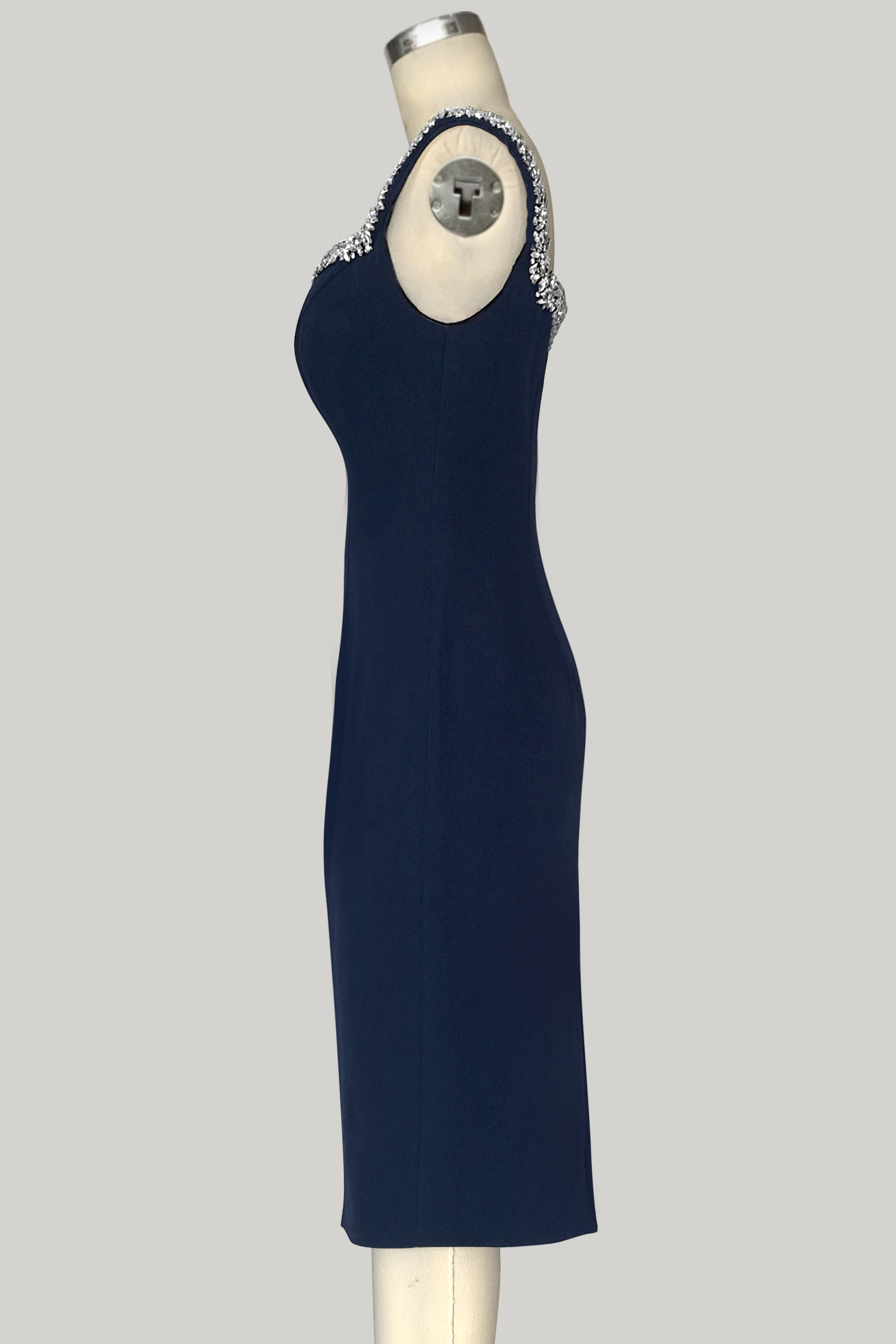 Cocktail Dress V Neck Navy Hand-Beaded Midi with Sparkling Rhinestones