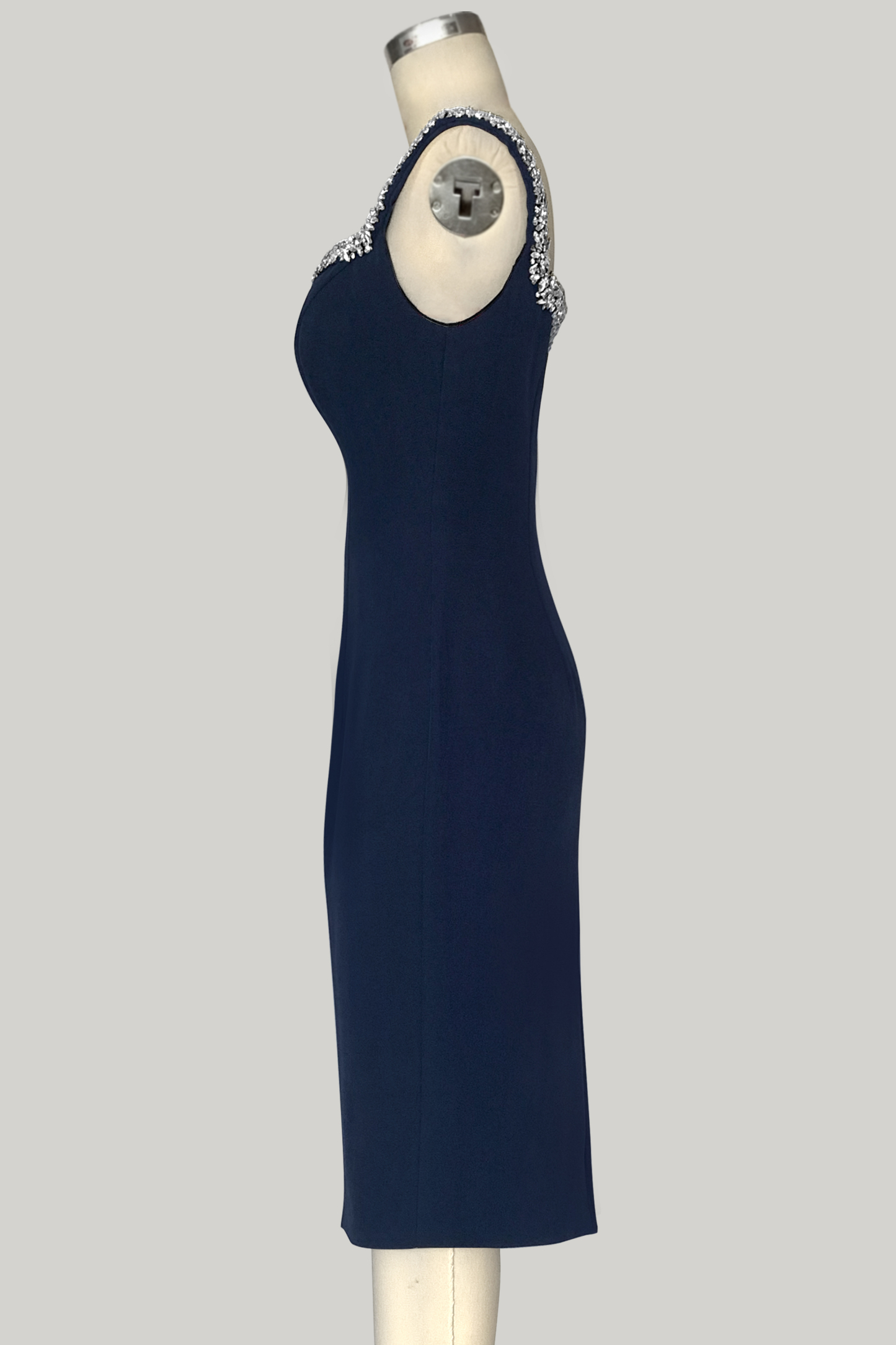 Cocktail Dress V Neck Navy Hand-Beaded Midi with Sparkling Rhinestones