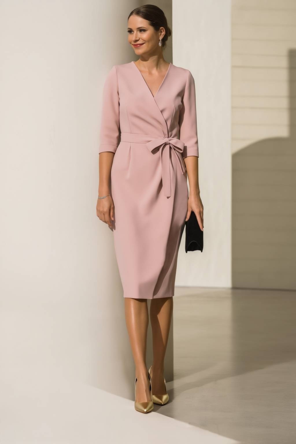 Work Wrap Dress Pink V Neck Knee Dress