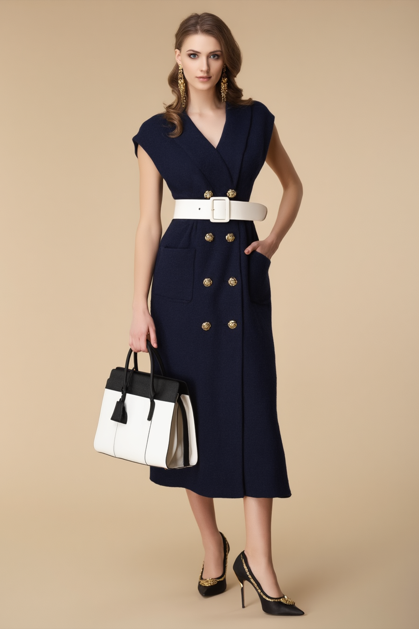 Work Dress Black V Neck Belted Midi Dress