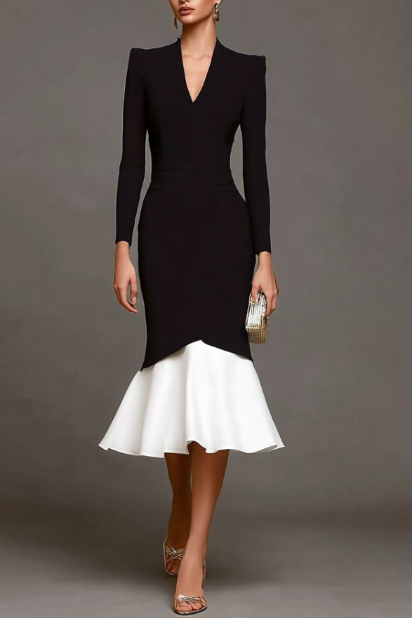 Cocktail Mermaid Dress Black White V Neck Midi Dress