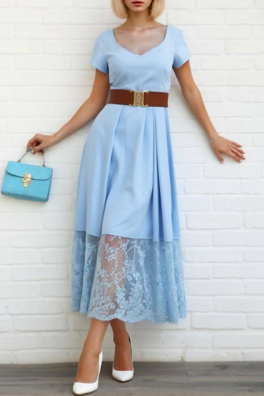 Work Dress Blue V Neck Lace Belted Maxi Dress