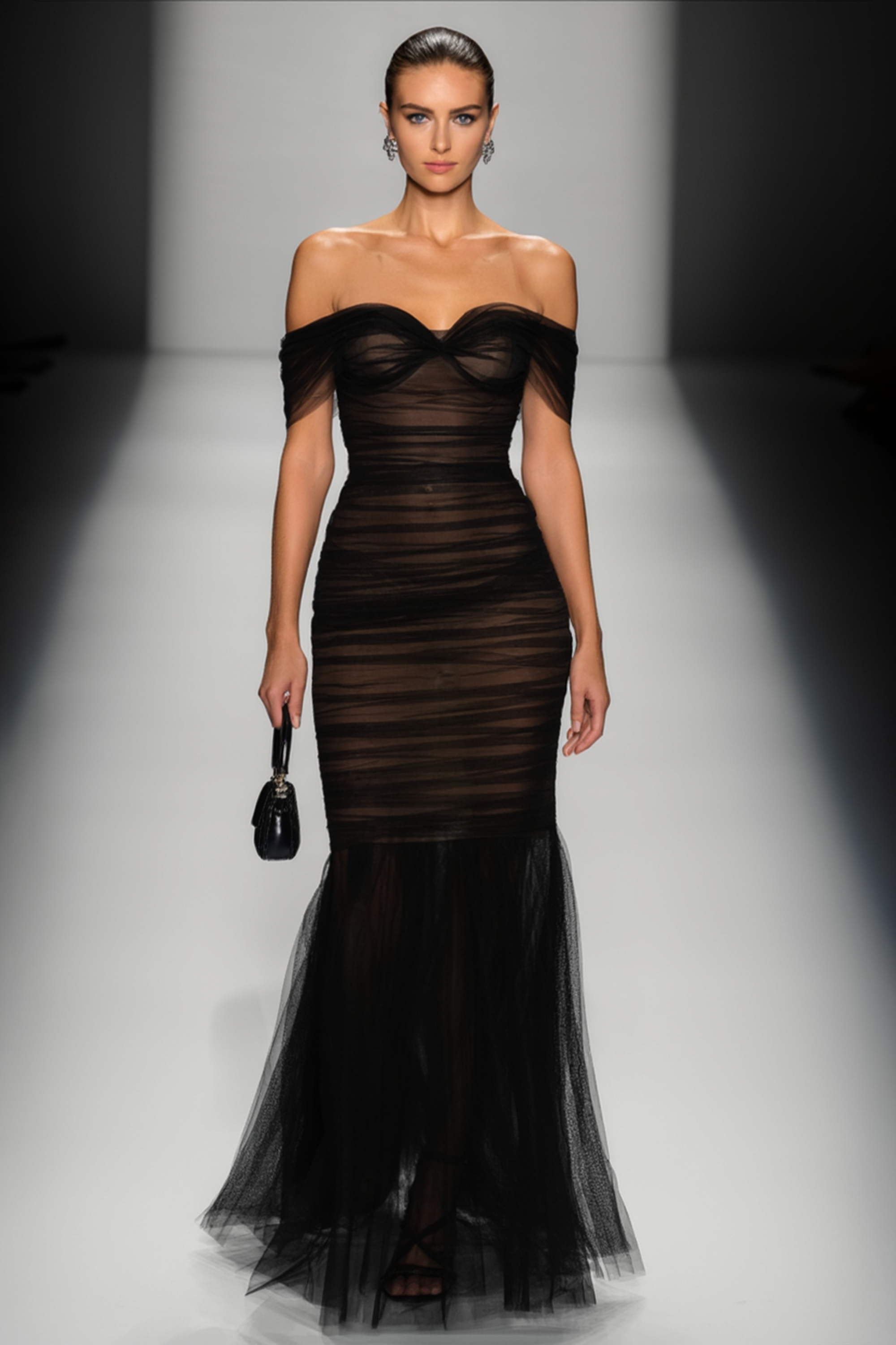 Formal Evening Dress Black Strapless Mesh Maxi Dress