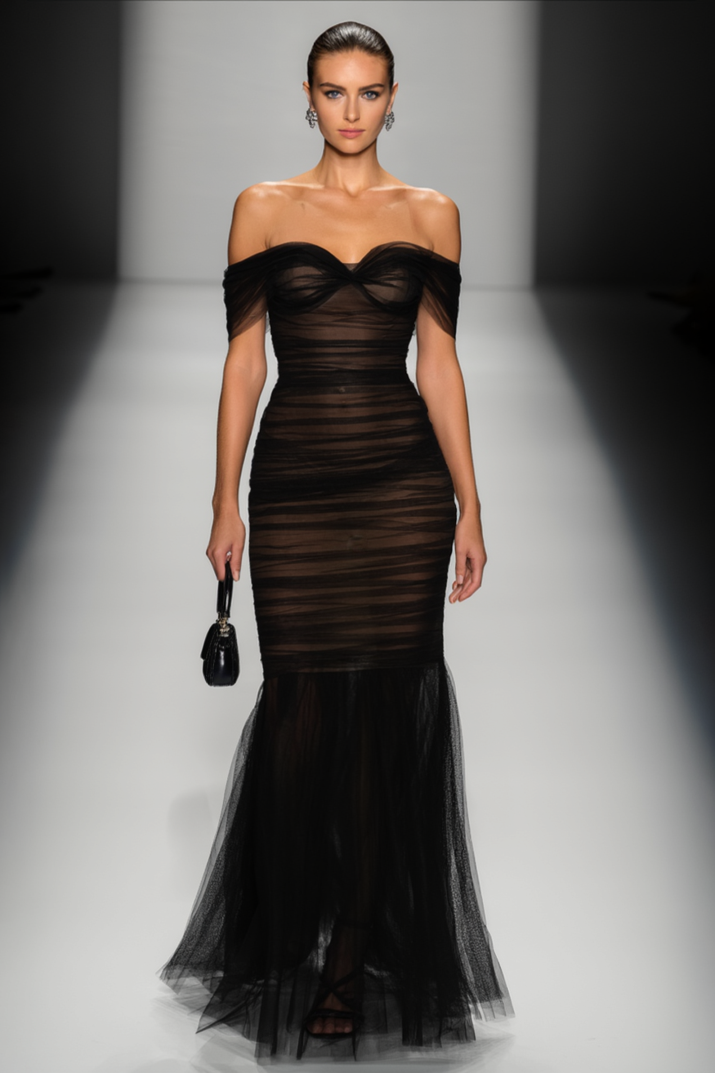 Formal Evening Dress Black Strapless Mesh Maxi Dress