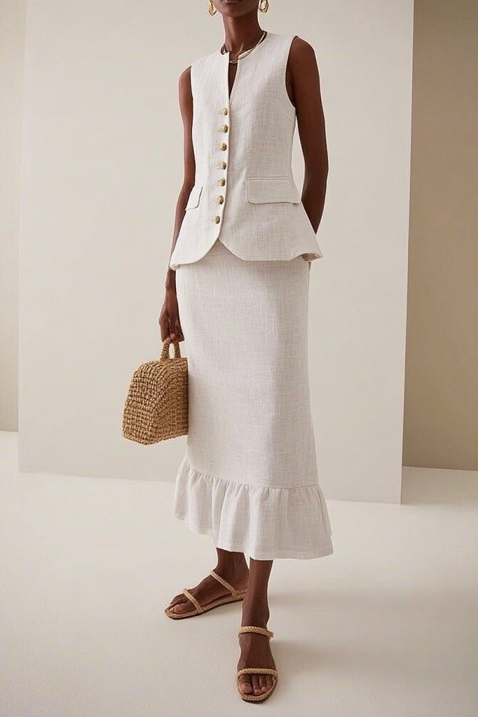 Casual Outfit Sets White Crew Neck Ruffle Skirts Set