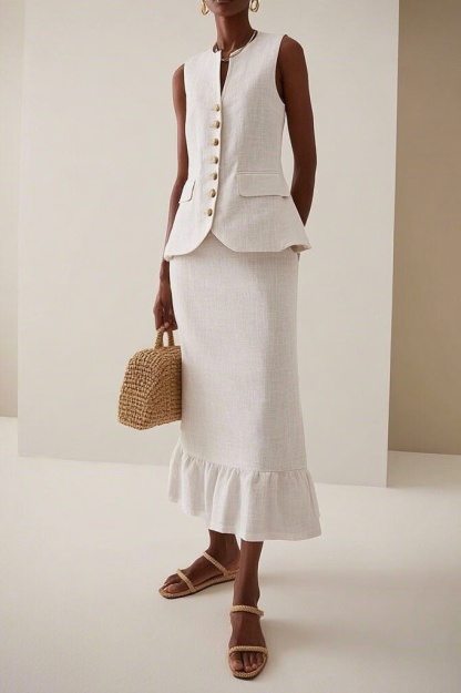 Casual Outfit Sets White Crew Neck Ruffle Skirts Set