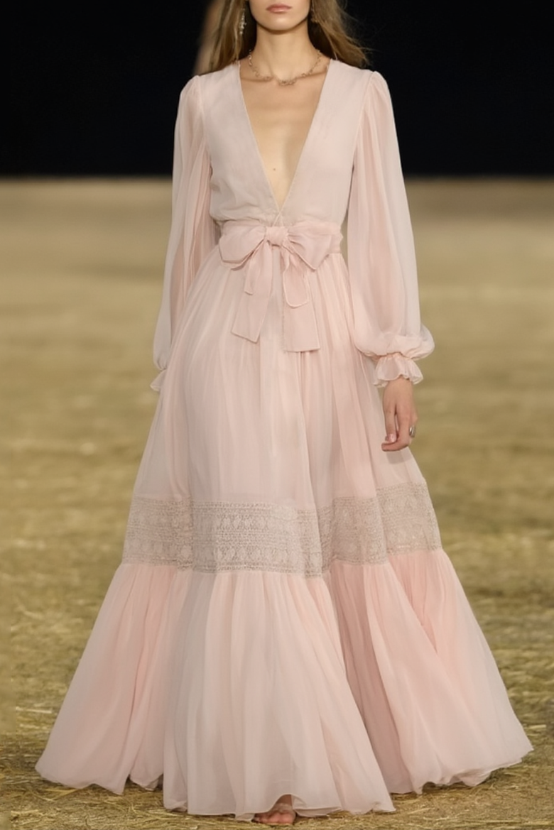 Formal Evening Dress Pink Deep V Bow Lace Maxi Dress