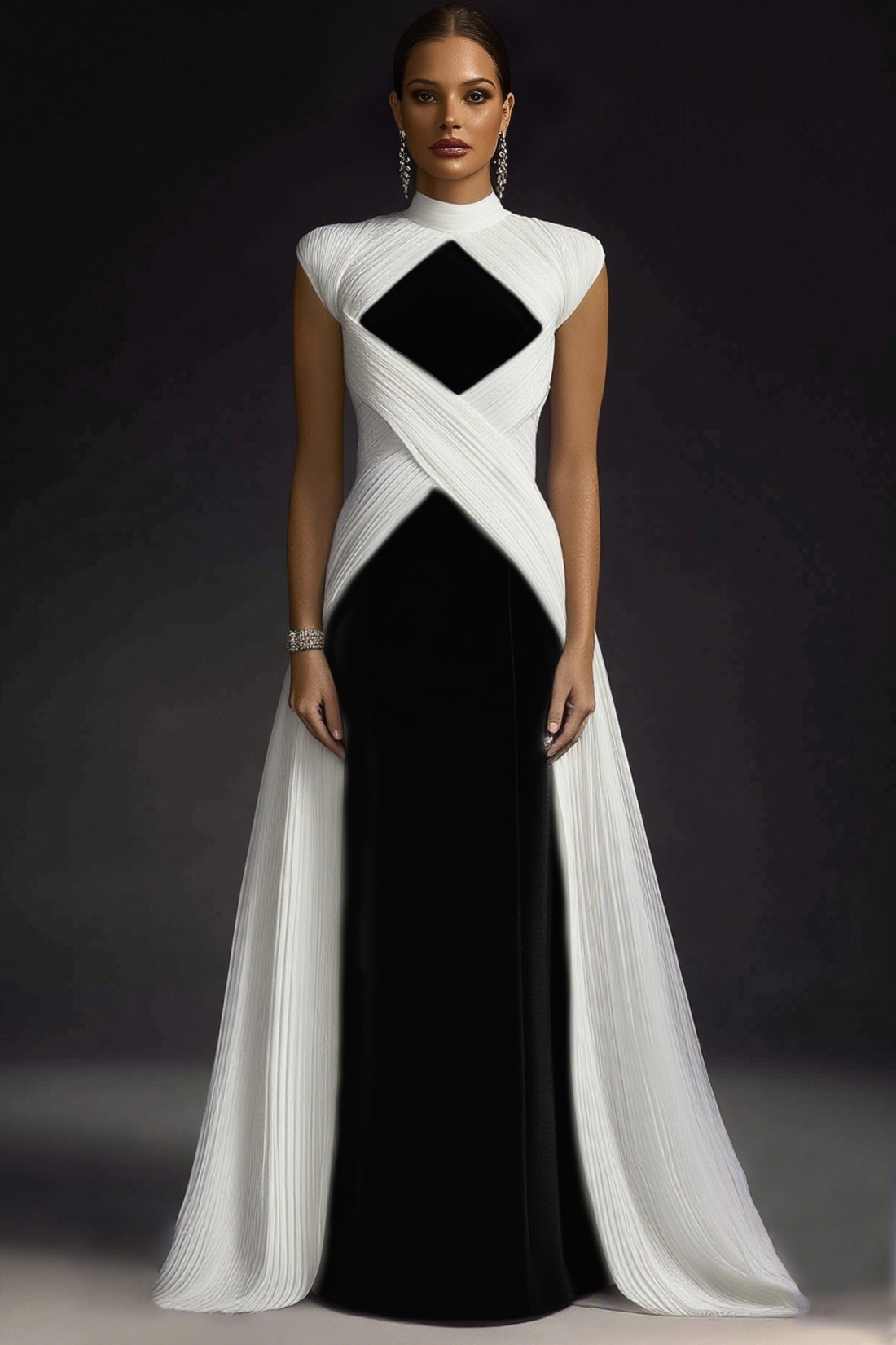 Formal Evening Dress Purple Stand Collar Pleated Train Maxi Gown