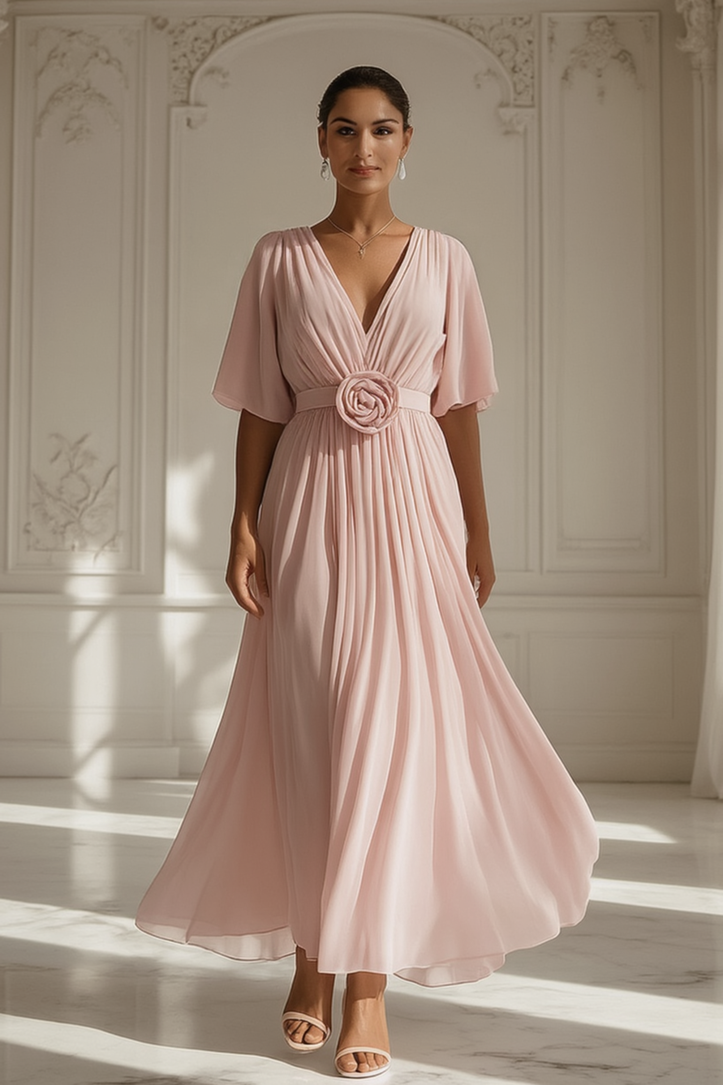 Formal Evening Dress Pink V Neck Floral Maxi Dress