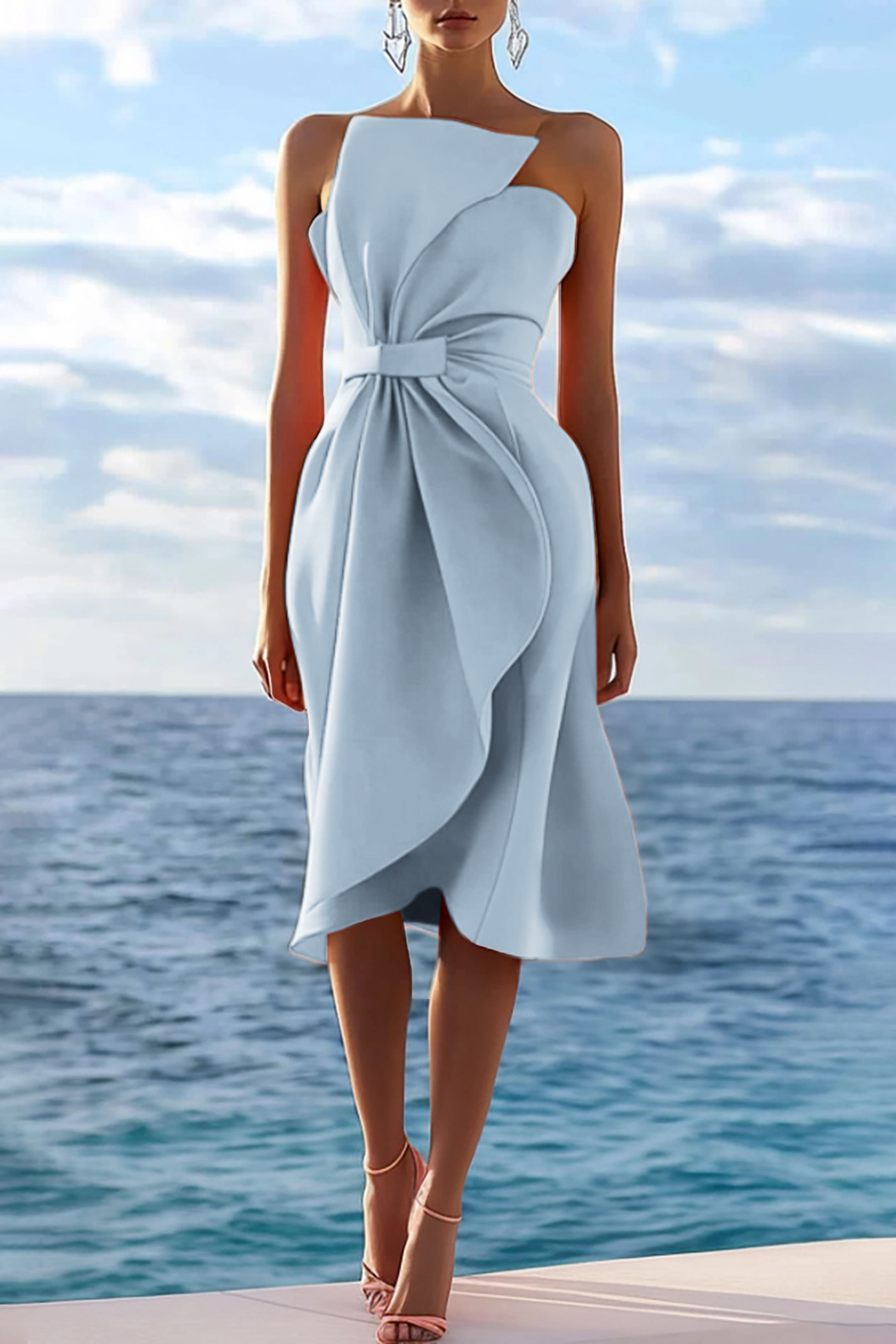 Cocktail Party Strapless Dress Orange Bow Pleated Knee-Length Dress