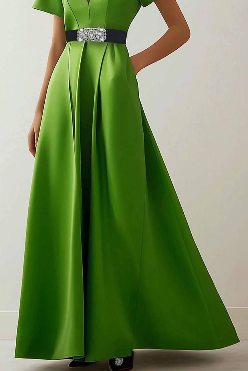 Evening Green Loose Dress Deep V Belt Elegant Maxi Dress