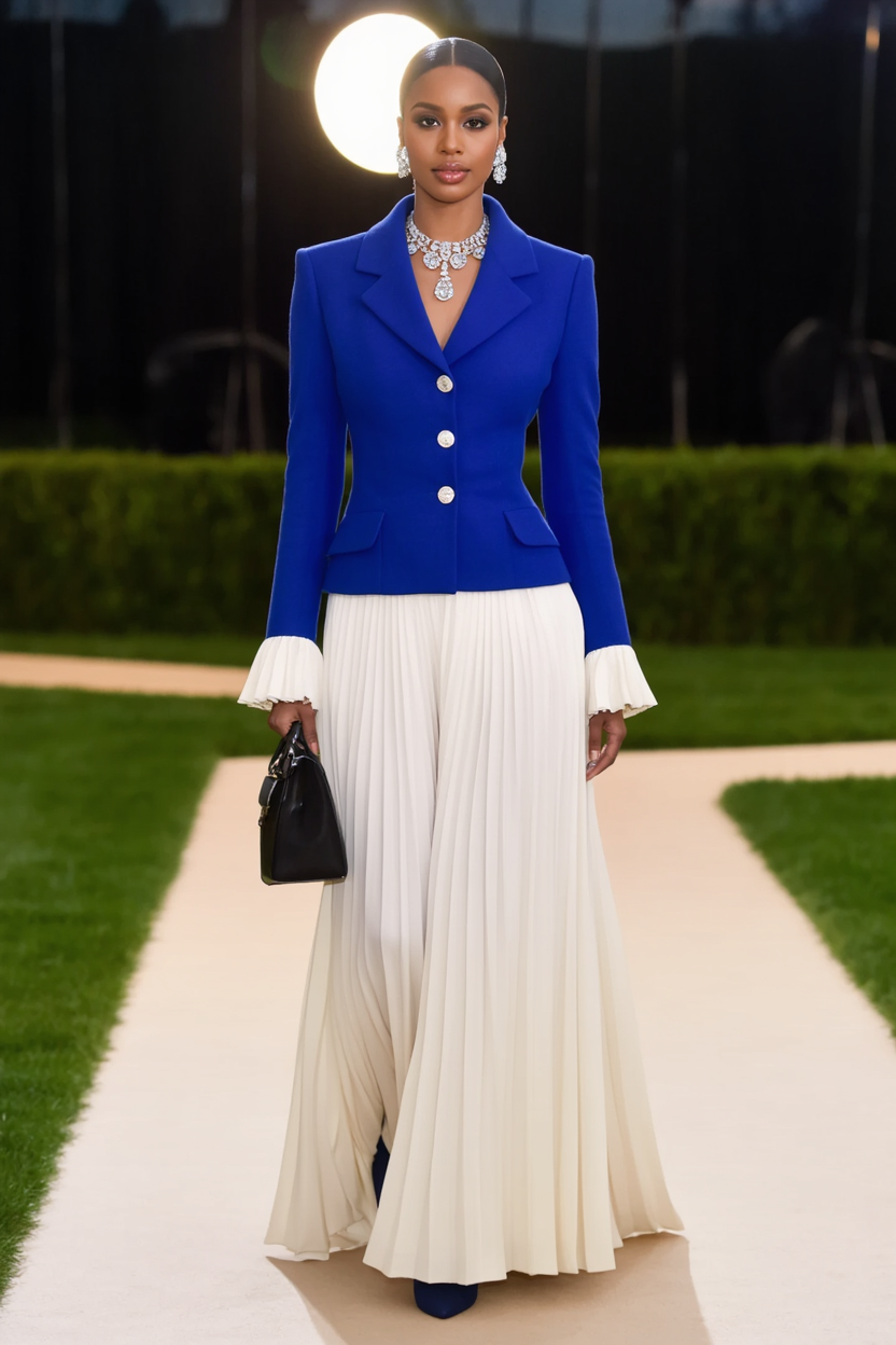 Formal ​Wedding Guest Suit Sets Blue Lapel Long Sleeve Maxi Skirt Set