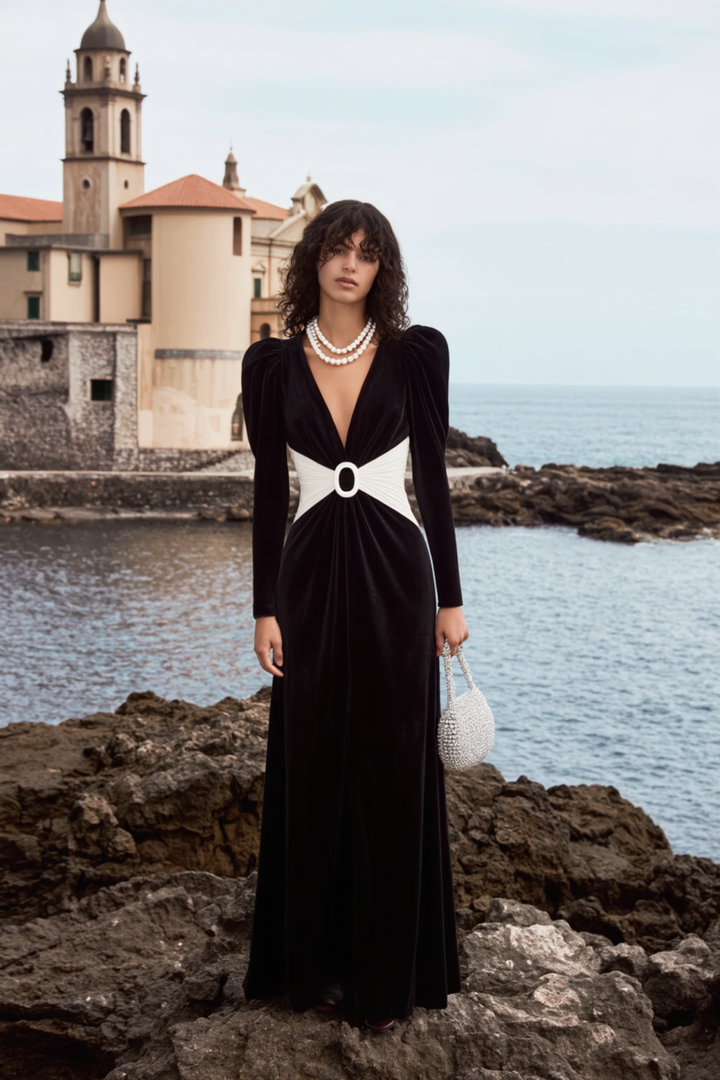 Formal ​Evening Dress Brown V Neck Long Sleeve Maxi Velvet Dress