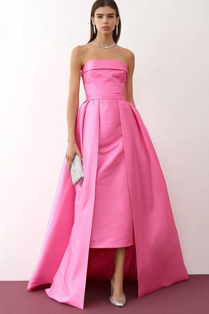 Formal ​Evening Dress Neon Pink Strapless with Train Midi Dress