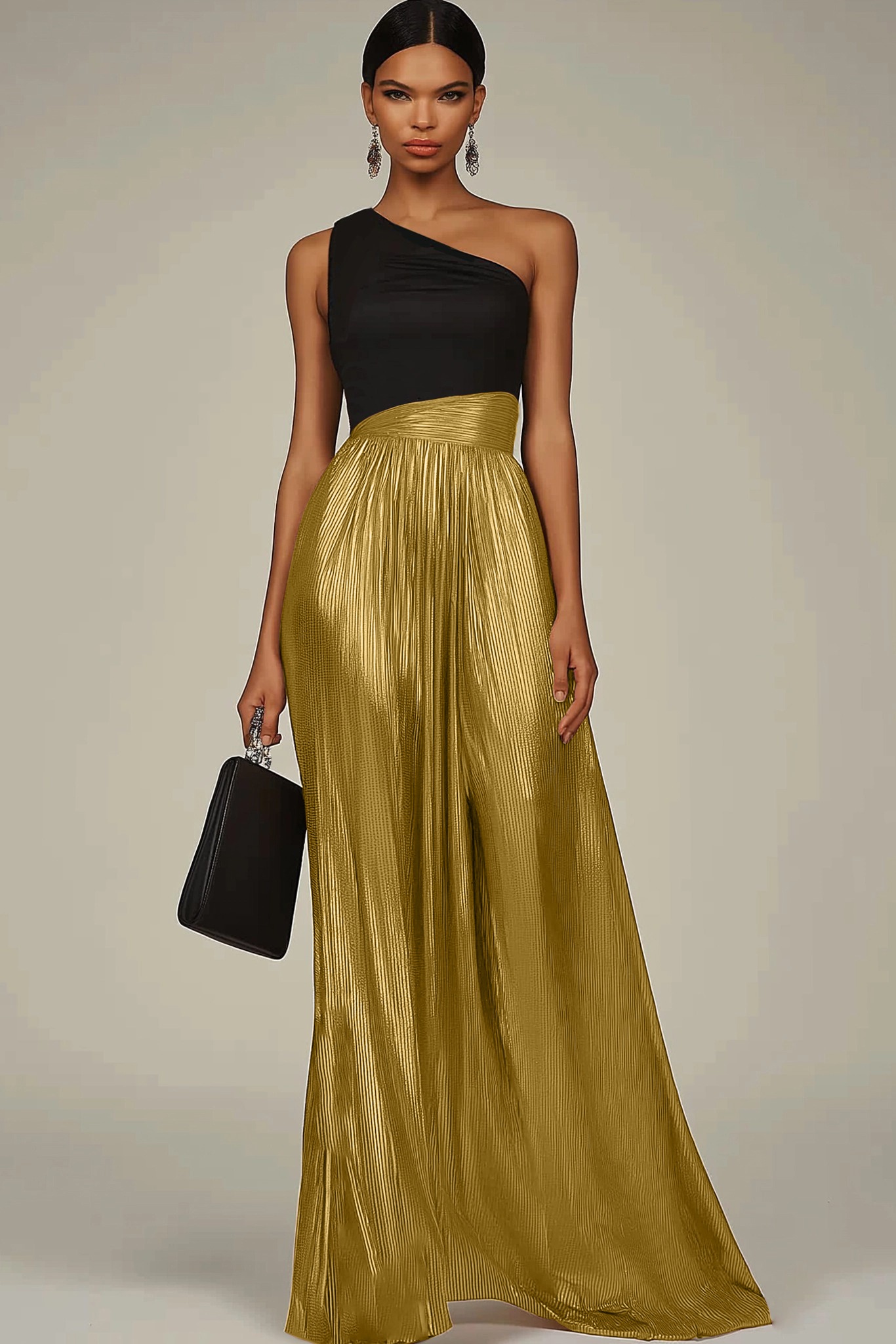 Evening Formal Dress Black-Gold Colorblock One-Shoulder Metallic Maxi Dress