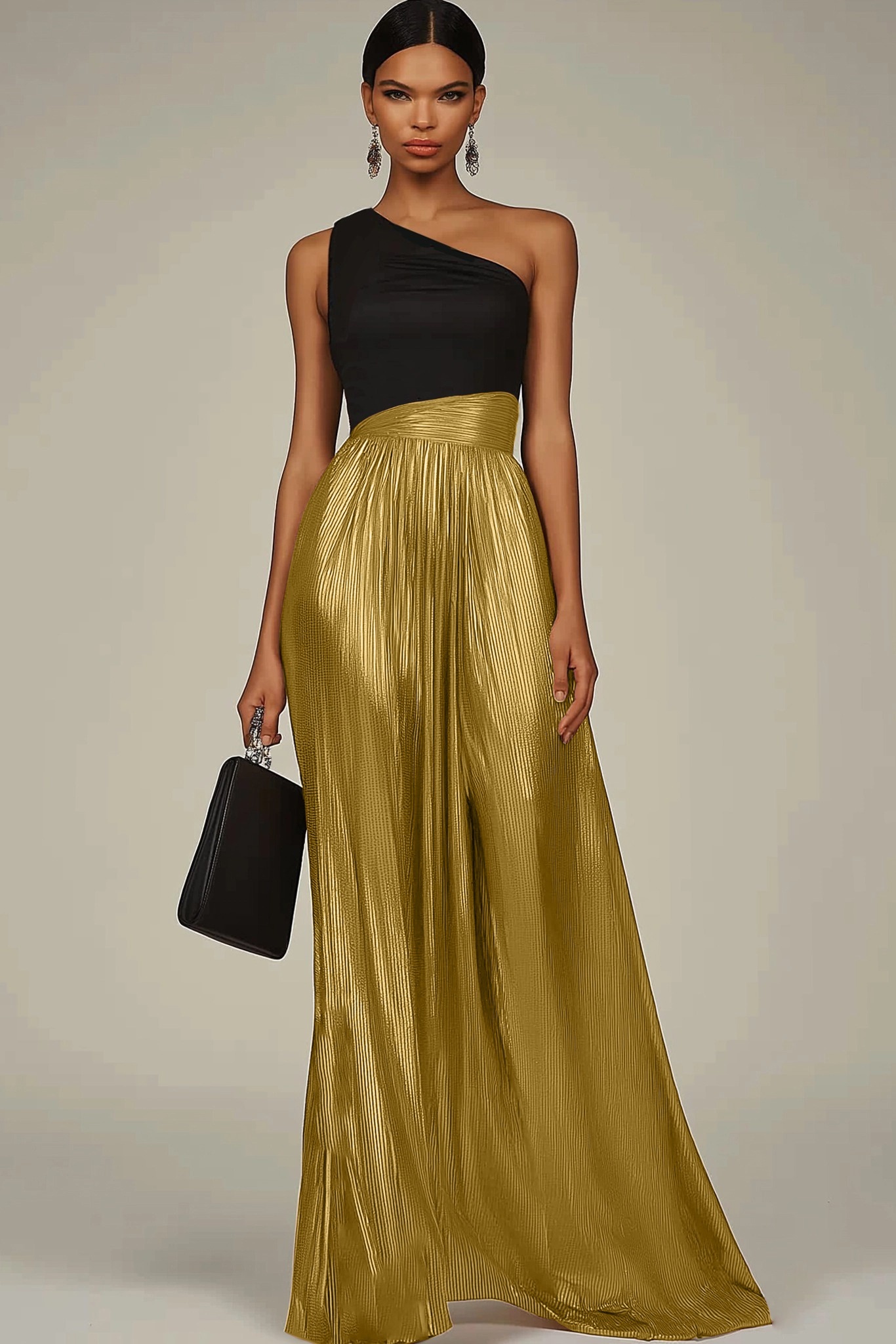 Evening Formal Dress Black-Gold Colorblock One-Shoulder Metallic Maxi Dress