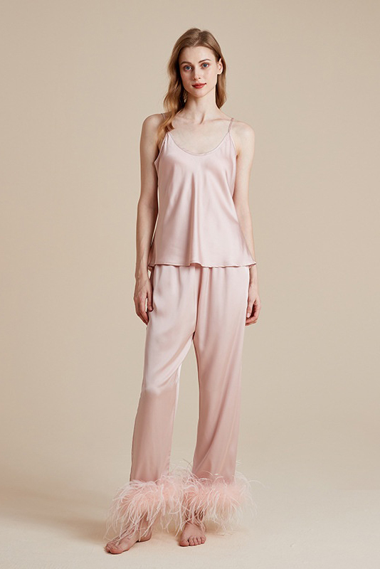 Bridal Bridesmaid Pajama Set Pink V Neck Feather Outfit 3 Piece