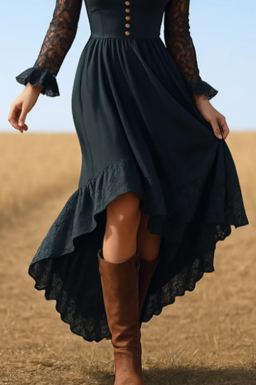 Boho Dress Black V Neck Ruffle Lace High-Low Hem Dress