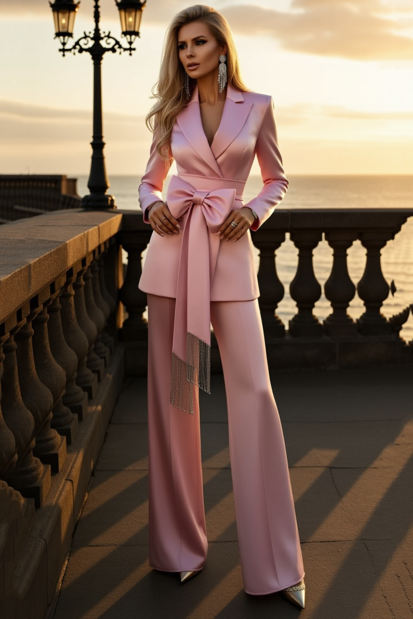 Party Satin Blazer Suit Sets Pink Lapel Long Sleeve Straight Pants Set