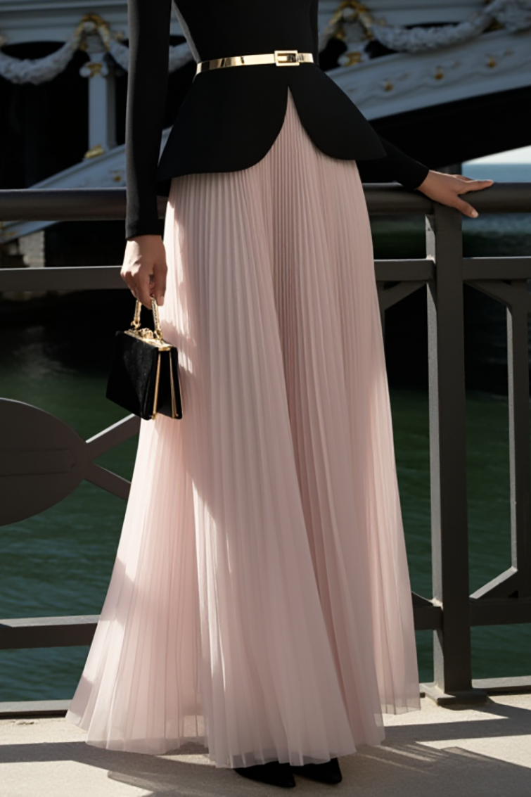 Formal Evening Outfit Set Black Long Sleeve Top & Pink Pleated Skirt