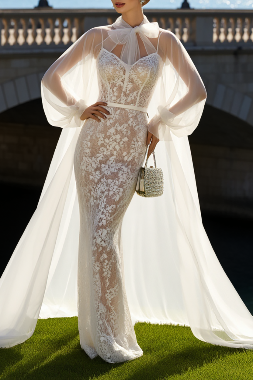 White Lace Wedding Dress Maxi with Spaghetti Straps & Long Sleeve Cape