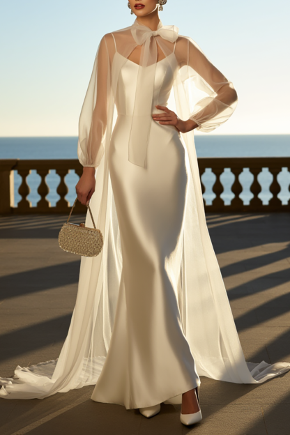 White Satin Wedding Dress Spaghetti Straps Maxi Drses with Cape