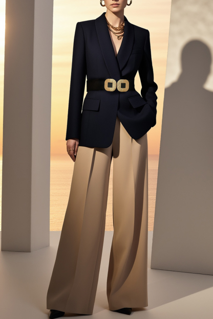 Black Work Blazer Suit Set with Brown Wide Leg Pants and Belt