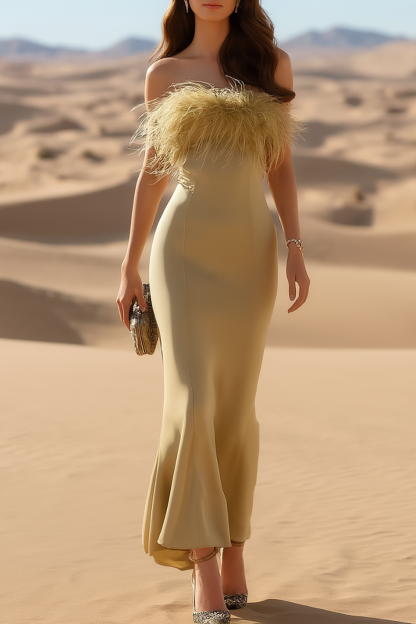 Cocktail Party Dress Light Brown Feather Strapless Maxi Dress 