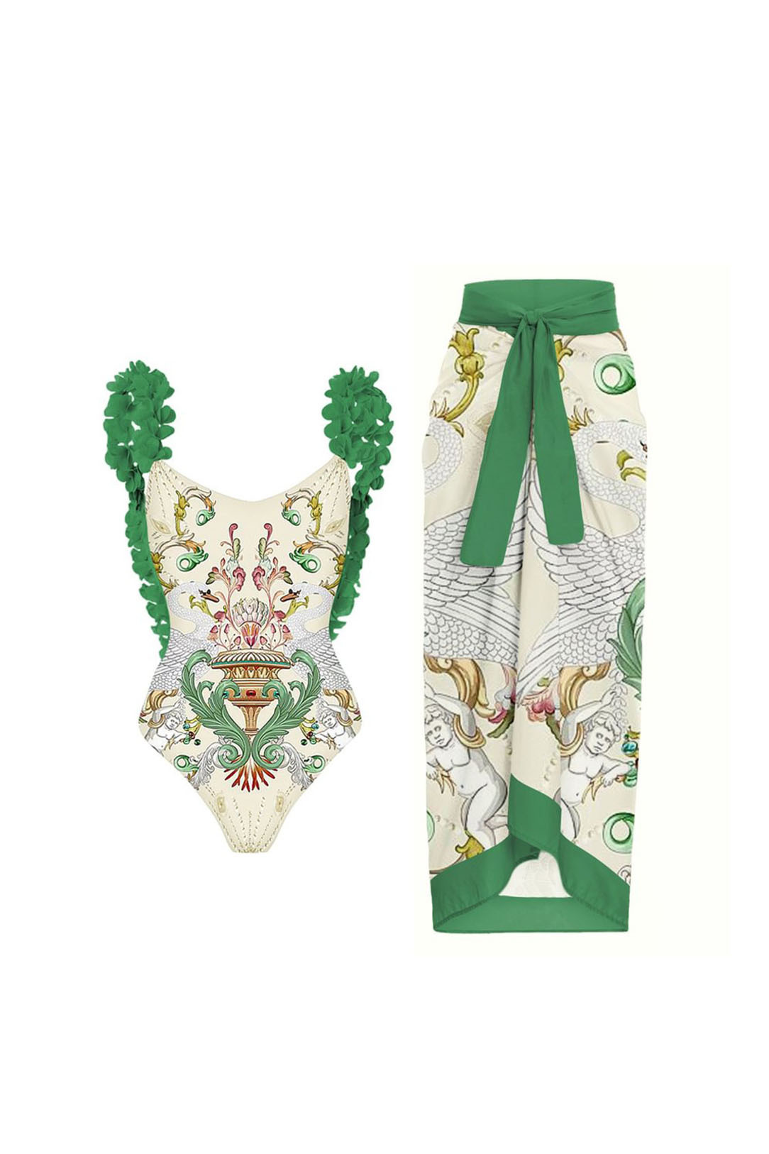 3D Black and White Houndstooth V-Neck One Piece Swimsuit and Wrap Skirt Cover-Up