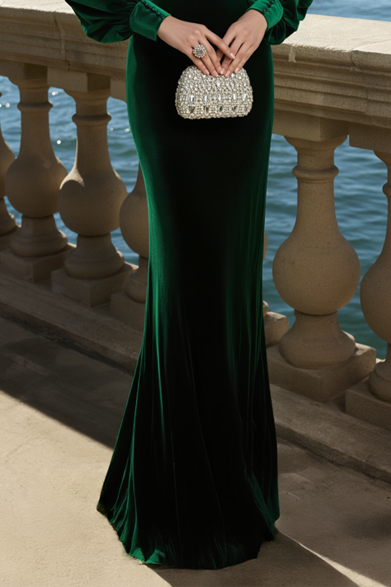Formal Evening Dress Velvet Dark Green Puff Sleeve Stand Neck Lace Maxi Dress