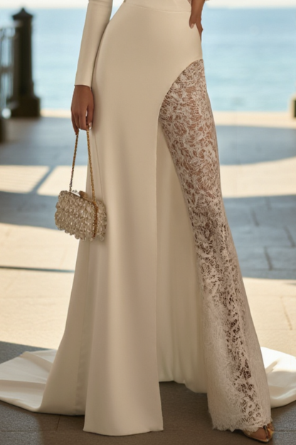 Formal Evening Jumpsuit White Deep V Long Sleeve Lace with Train