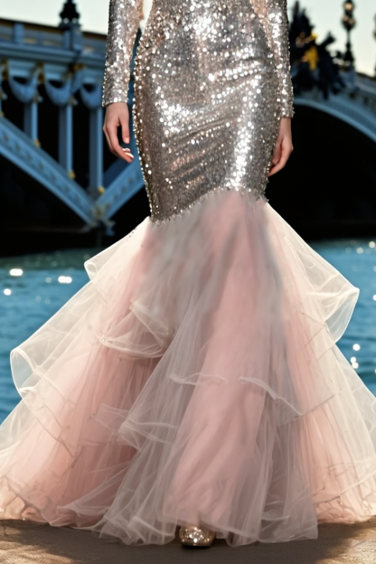 Prom Dress Sequin Long Sleeve Deep V Mesh Mermaid Maxi Dress