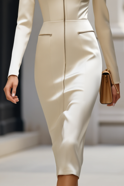Work Semiformal Dress White Stand Collar Long Sleeve Zipper Midi Dress