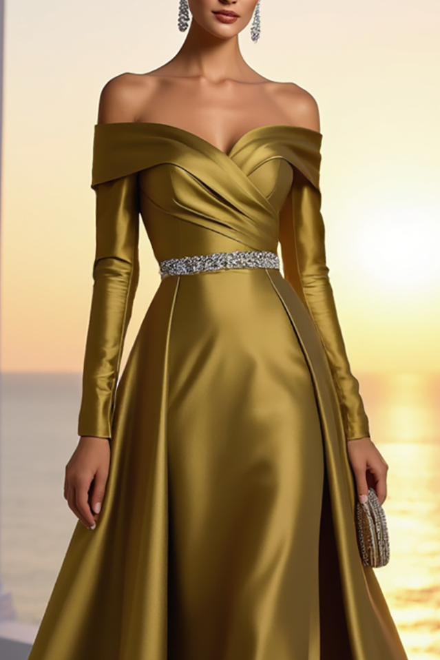 Formal Golden Satin Dress Off The Shoulder Long Sleeve Maxi Gown