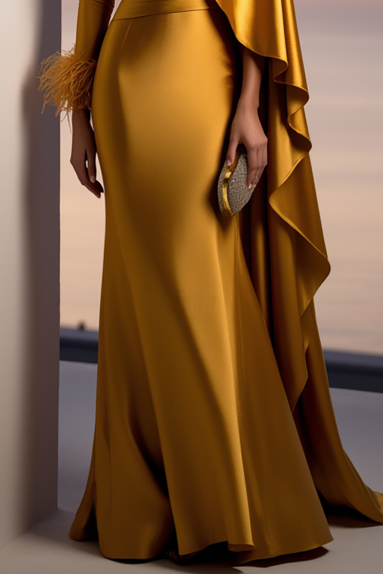 Evening Formal Golden Satin Dress V Neck Long Sleeve Cape Maxi Gown