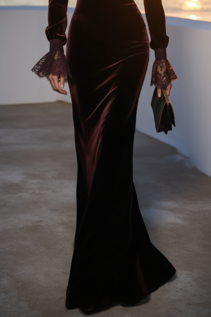 Formal Evening Burgundy Velvet Dress Long Sleeve Collared Maxi Gown