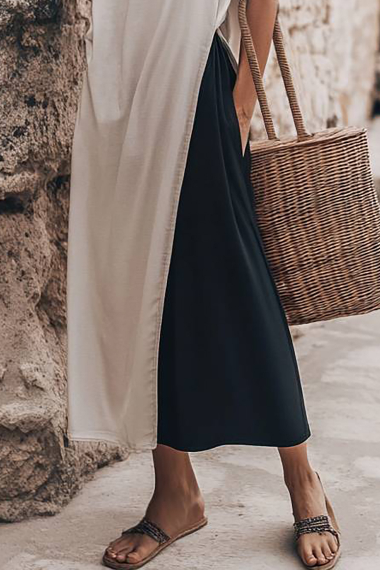 Casual Vacation Dress Colorblock Round Neck Pocketed Maxi Dress