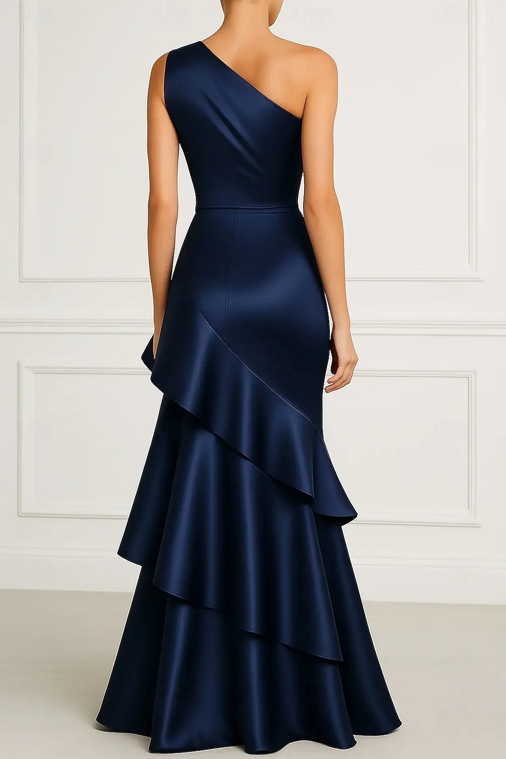 Formal Evening Dress Dark Blue One-Shoulder Satin Tiered Maxi Gown