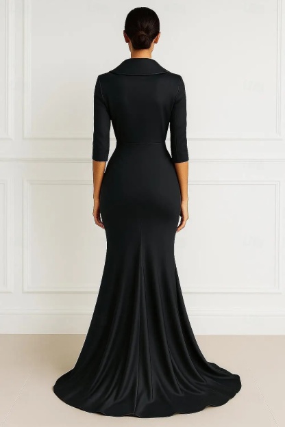 Formal Evening Dress Black Collared Belted Wrap Maxi Gown
