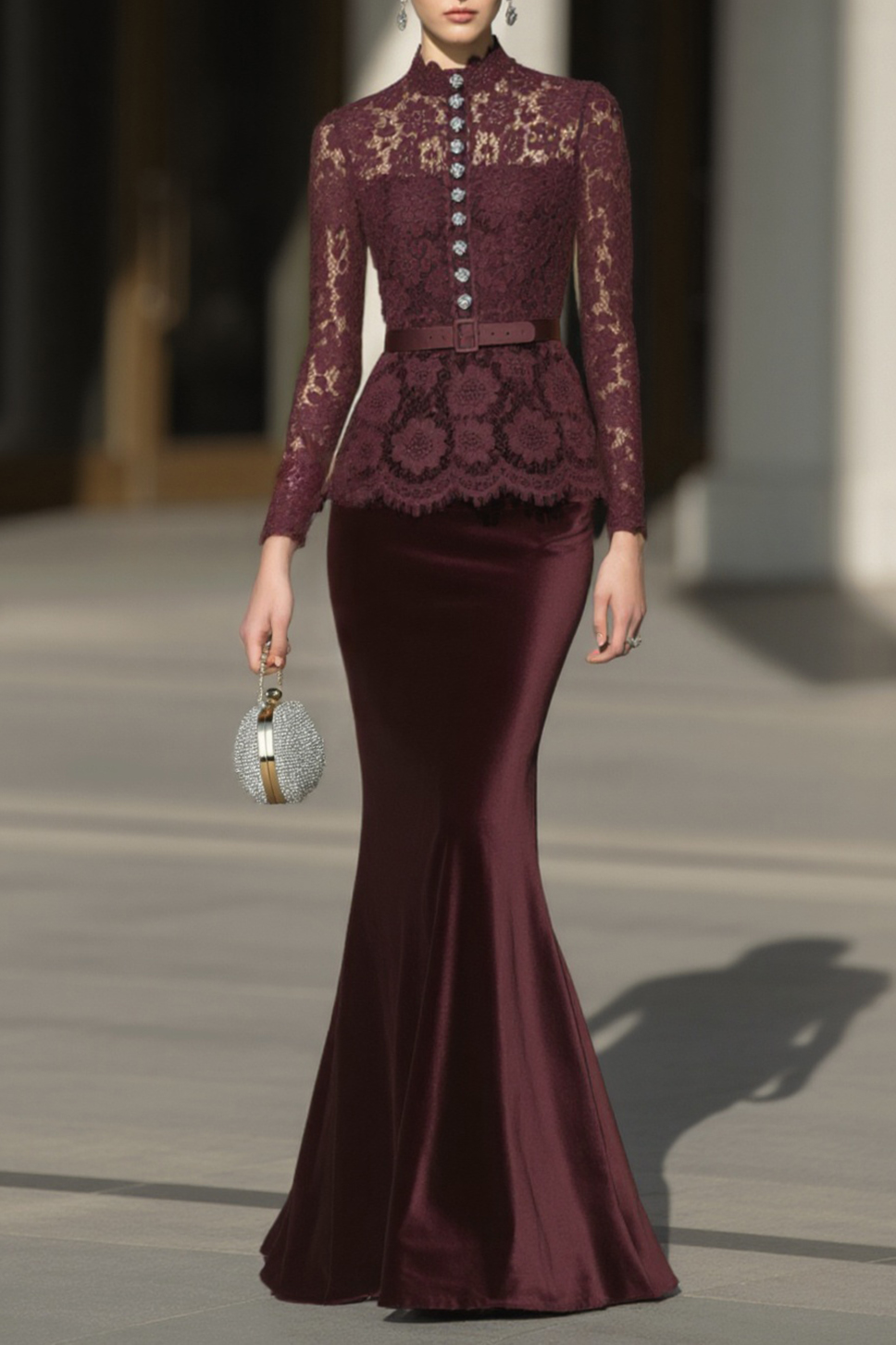 Evening Set Purple Lace Long Sleeve Top with Velvet Mermaid Maxi Skirt