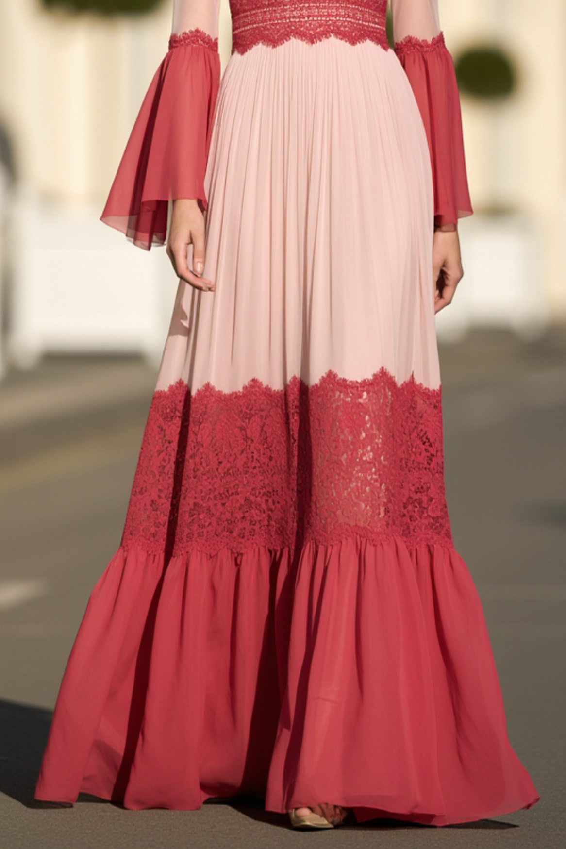 Holiday Pink Dress Lace Chiffon Crew Neck Bell Long Sleeve Maxi Dress
