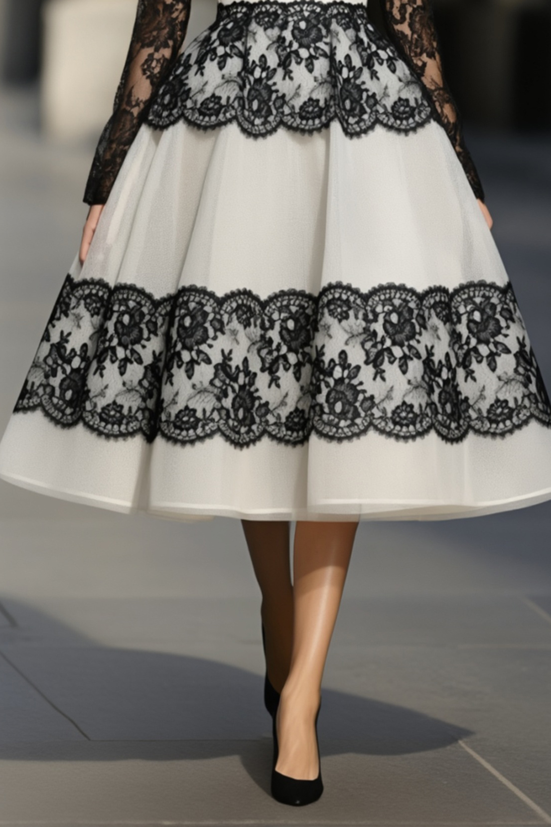 Party Prom Dress Black White Lace Deep V Long Sleeve A-Line Midi Dress