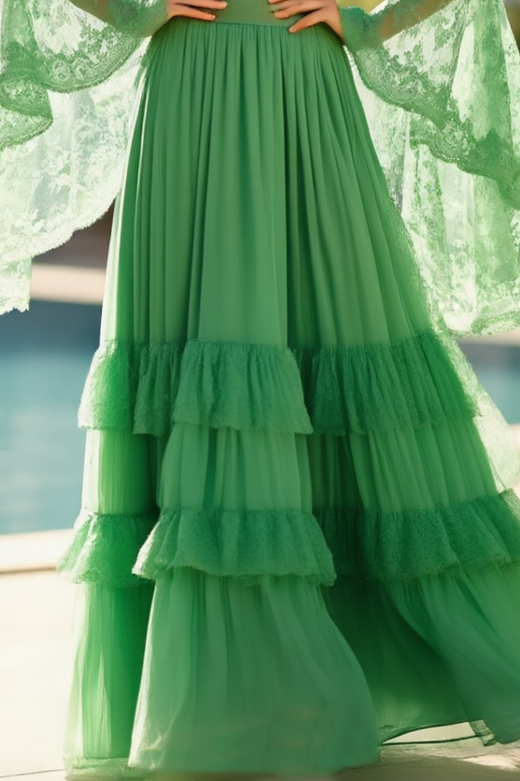 Holiday Dress Green Lace Chiffon Stand Collar Long Sleeve Maxi Dress 