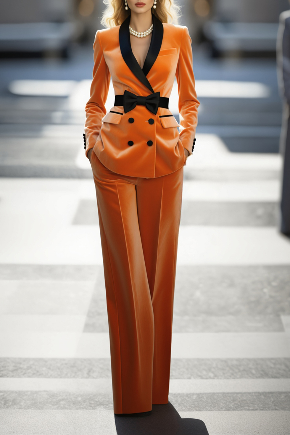 Work Formal Velvet Blazer Suit Orange with Waist Bow & Pants